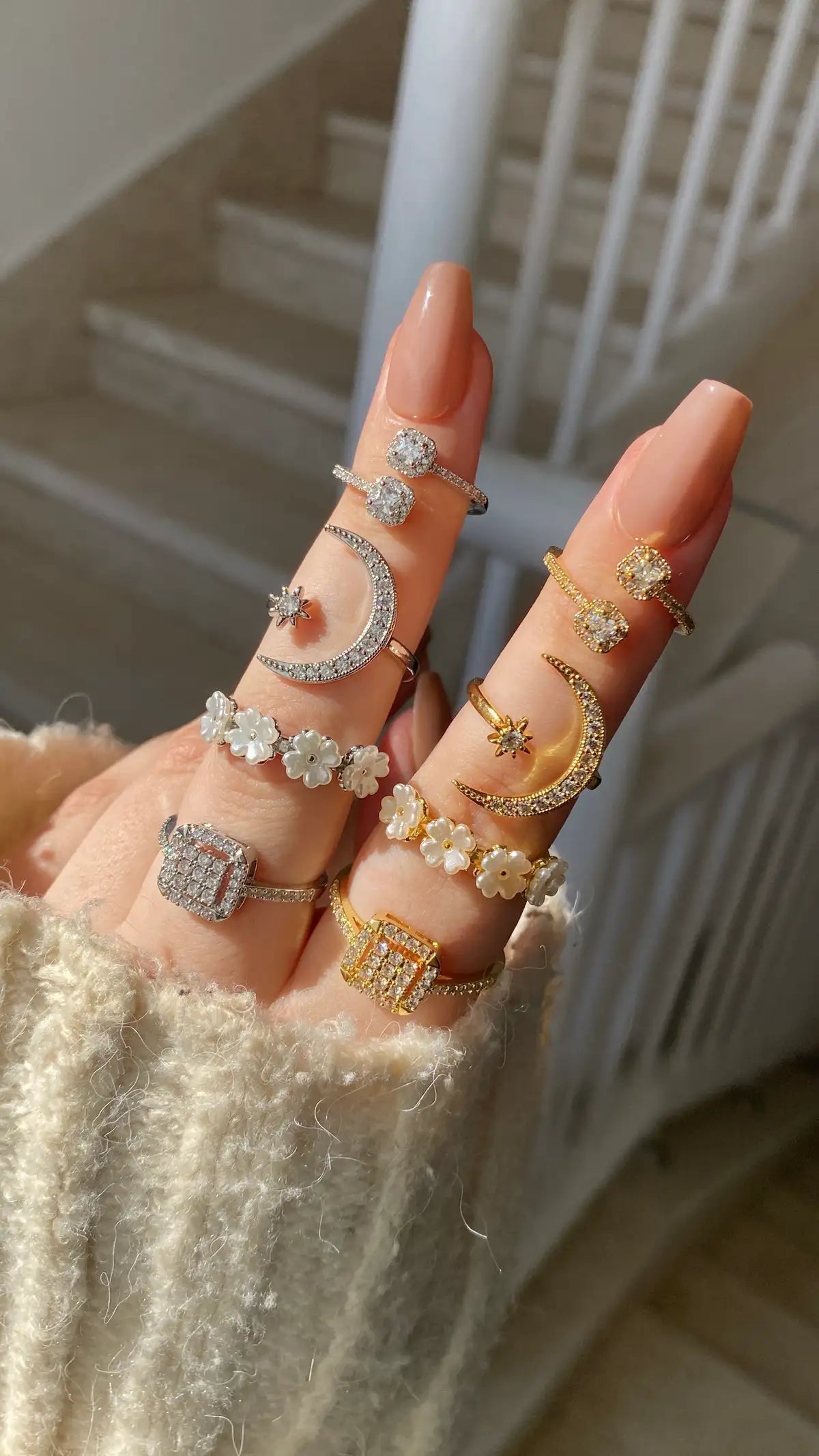Moon and baguette rings