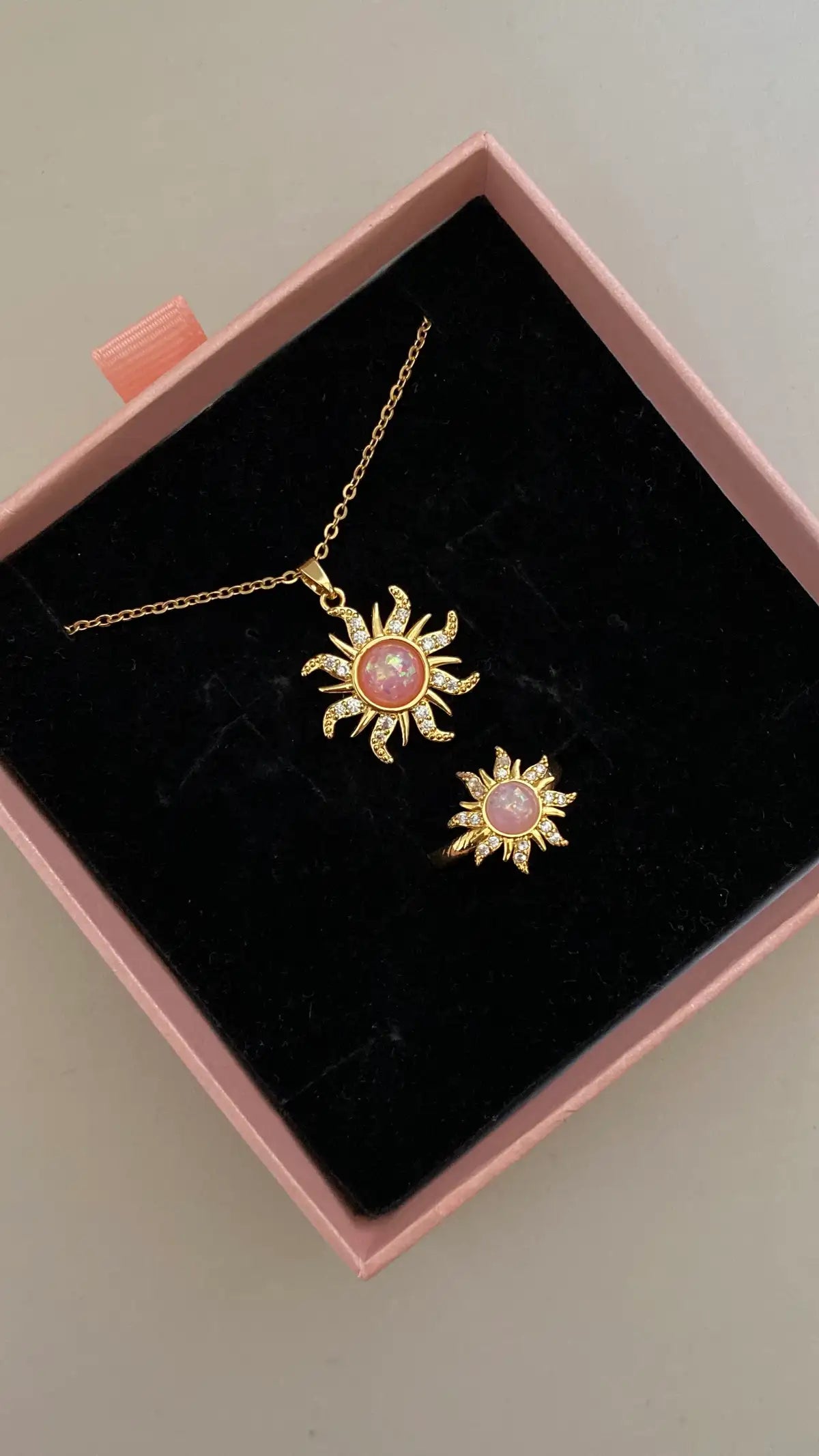 Pink sun necklace and ring